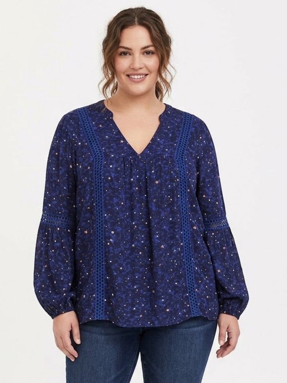 Torrid Navy Star Print Crochet-Trim Peasant Blouse 1X
